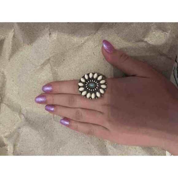 Western Bohemian Concho Turquoise Adjustable Ring - Picture 5 of 5